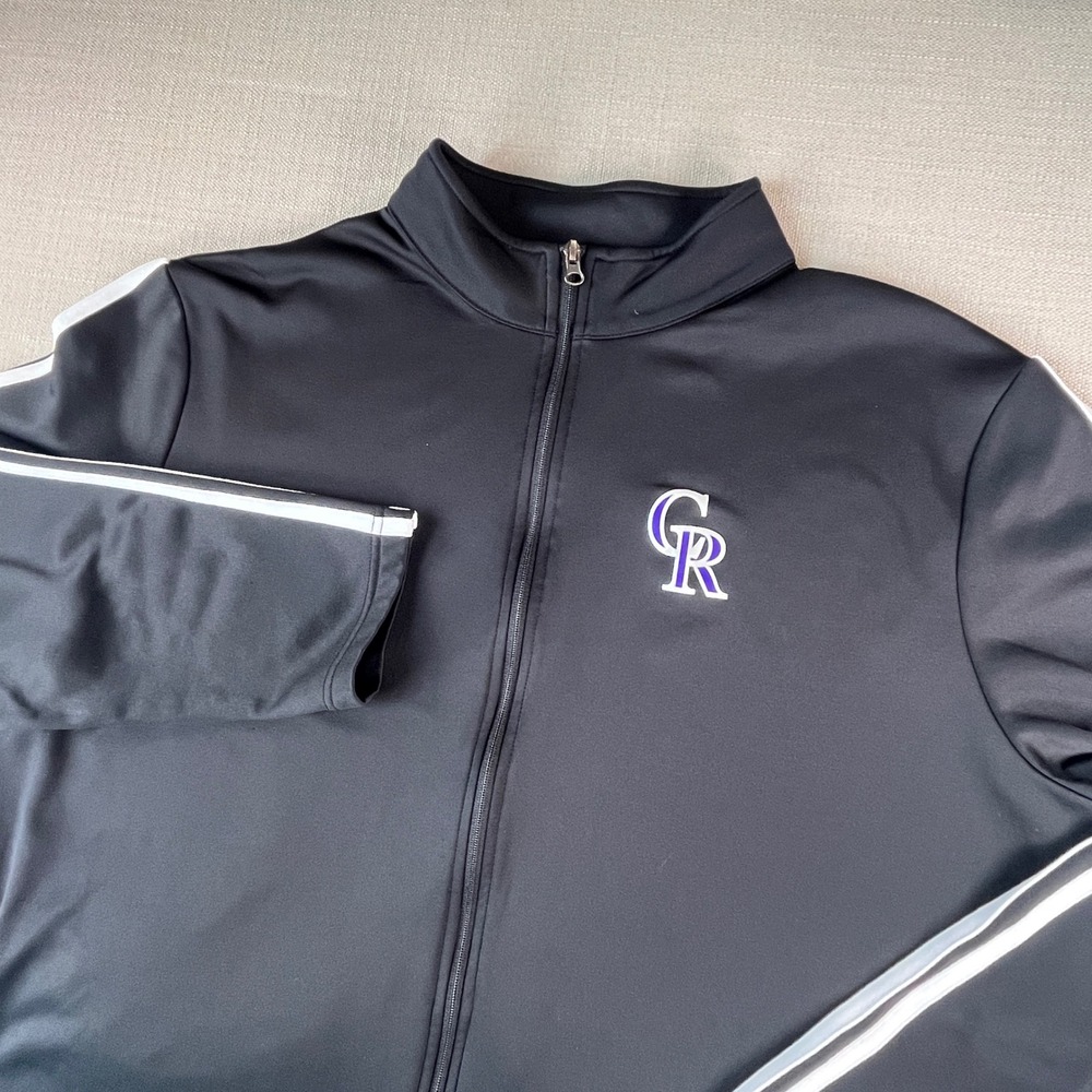 MLB Colorado Rockies Track Jacket Mens 2XL Black Full‎ Zip Fleece Lined CR Logo